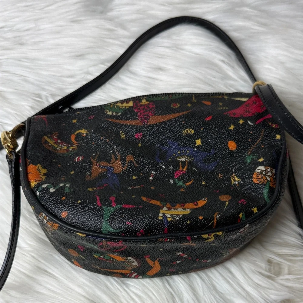 VTG Piero Guidi Black Crossbody Bag with Multicolor Print and Gold Hardware